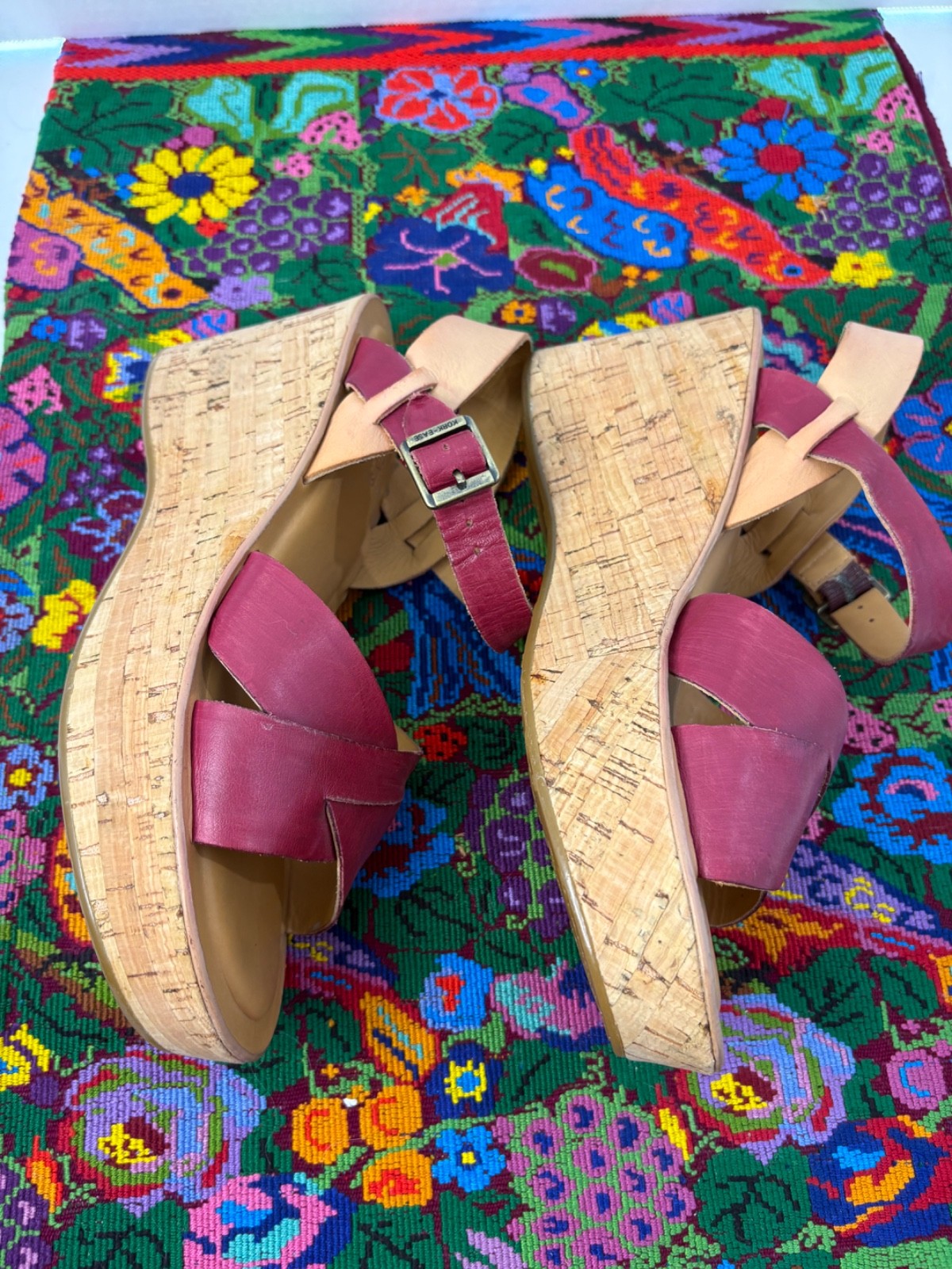 Cork-Ease Cork Platform Sandal Maroon Leather w/Buckle Ankle Strap SZ 8/39 EUC