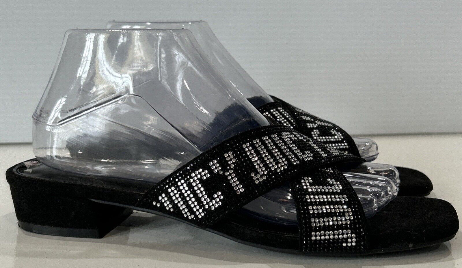 Juicy Couture 8.5 Crystal Logo Black Cross Over Sandals Bling Slip On Shoes