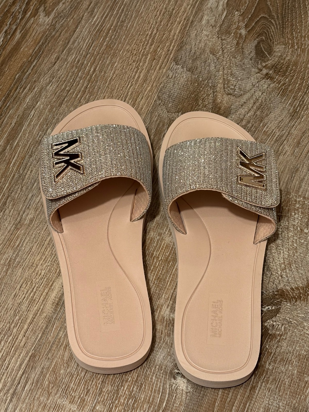 Michael Kors Glitter Logo Slide Sandals Size 9M, White Gold, with Round Toe