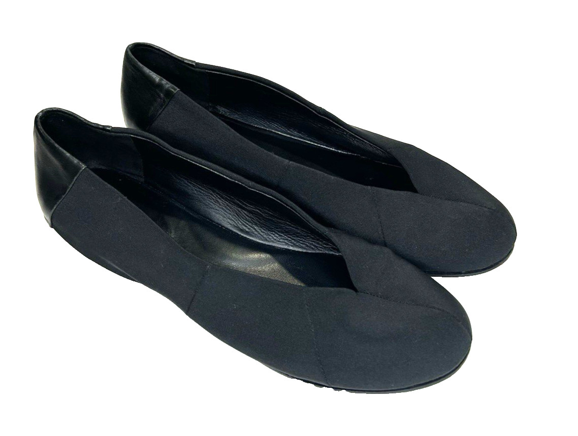 Eileen Fisher Grosgrain Leather V-Cut Hidden Wedge Canoe Ballet Flats Sz 9.5 Blk