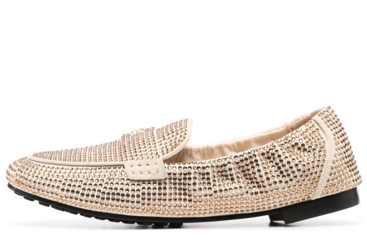 Tory Burch Champagne Crystal Covered Cream Suede Ballet Flats Loafer Sz 7.5 EUC!
