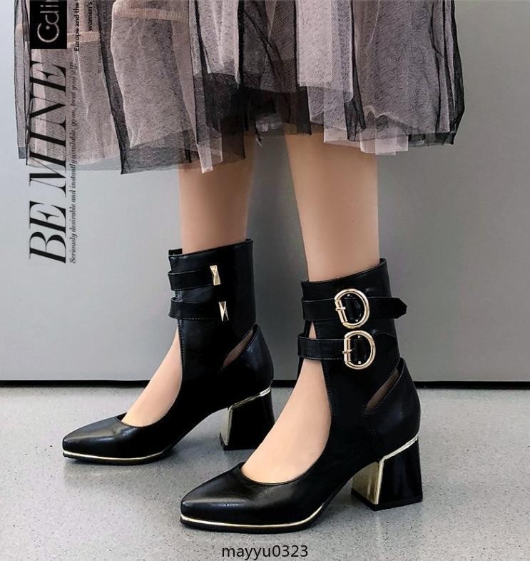 Womens Pointy Toe Mid Block Heel Sandals Hollow Out Buckle Ankle Boots Oversize