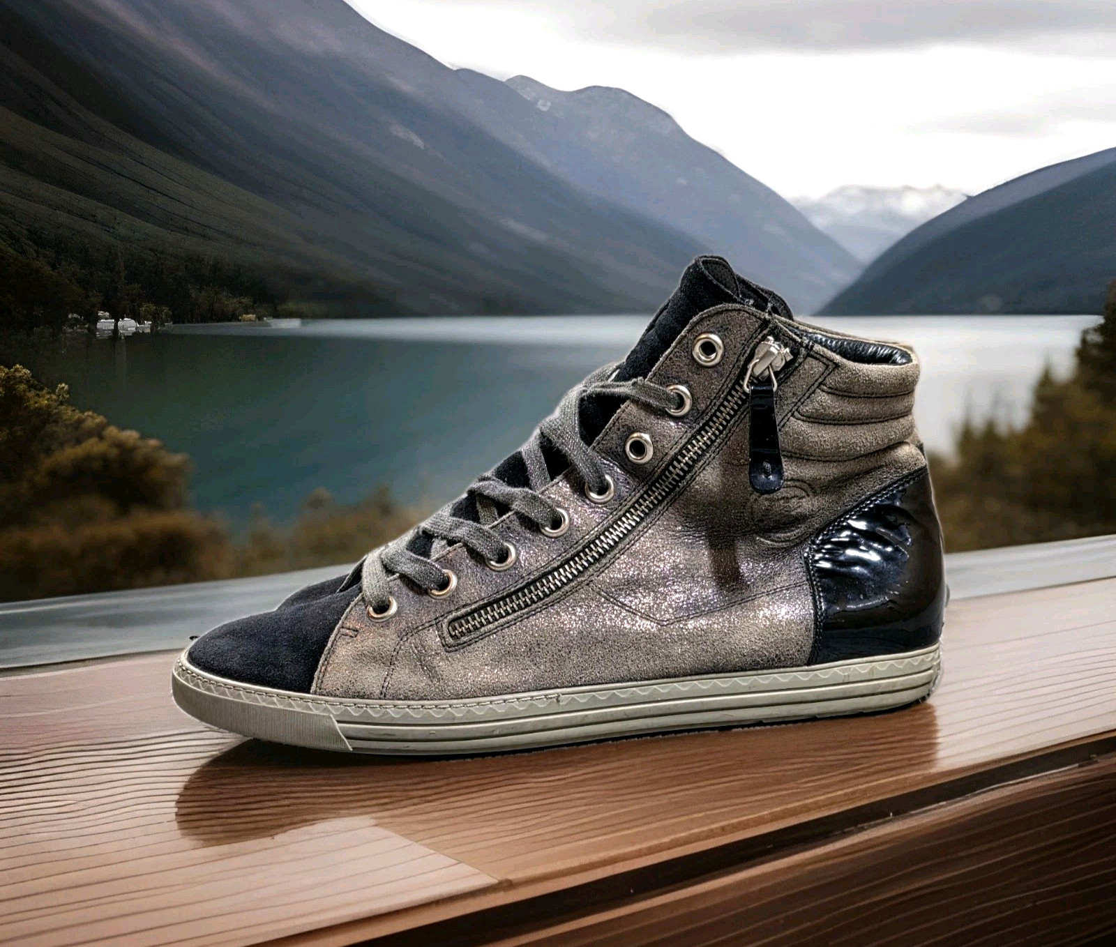 Paul Green brown Black metallic leather & suede hightop sneaker sz 8.5 zip Side