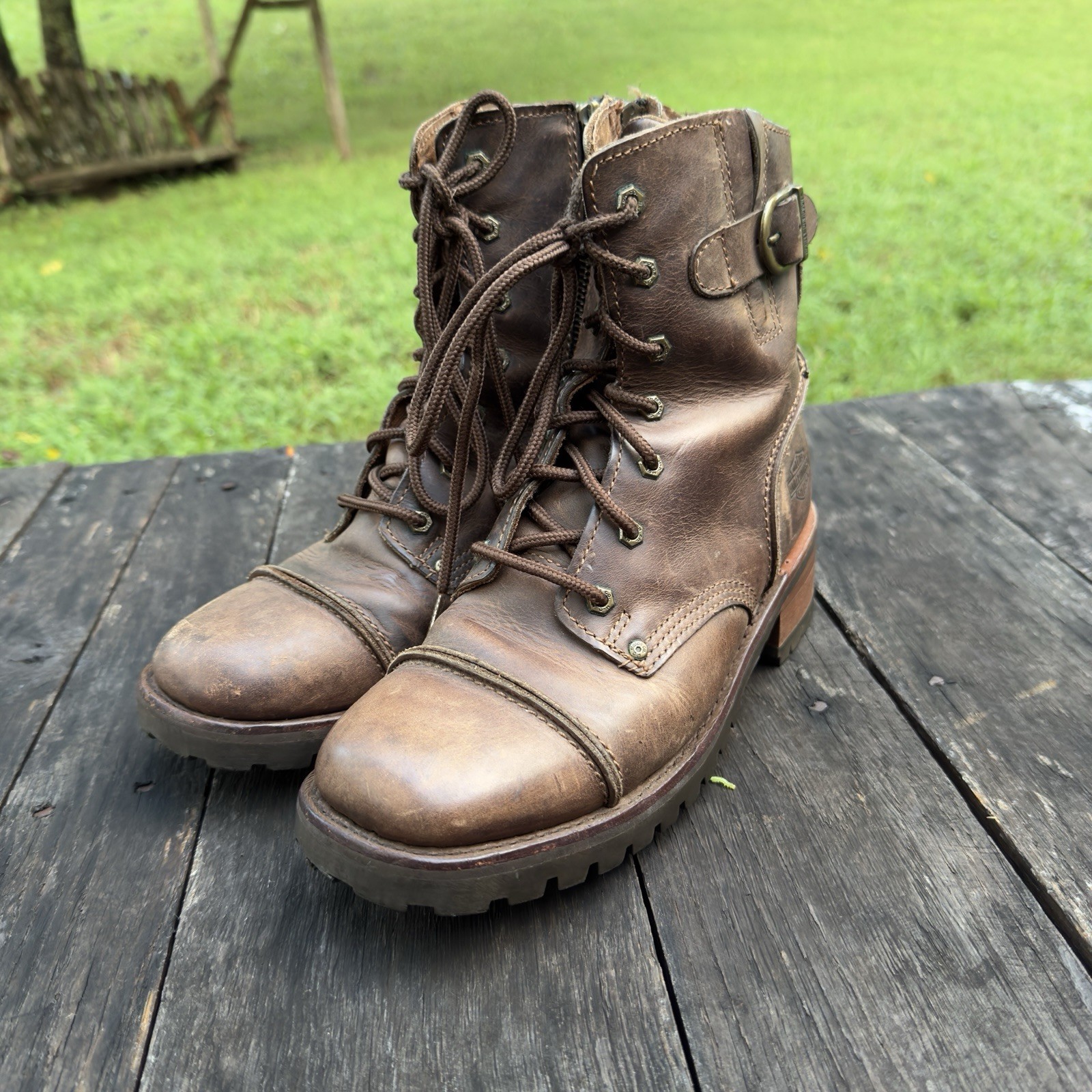 Harley Davidson Women’s Brown Leather Boots Size 8 Lace Up Zip Up 84036