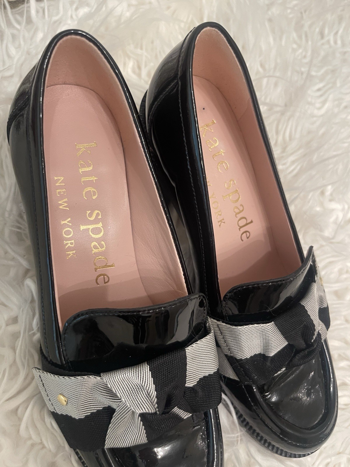 Kate Spade New York Black/Gray Patent Leather Plaid Bow Loafers Women’s 6.5 B