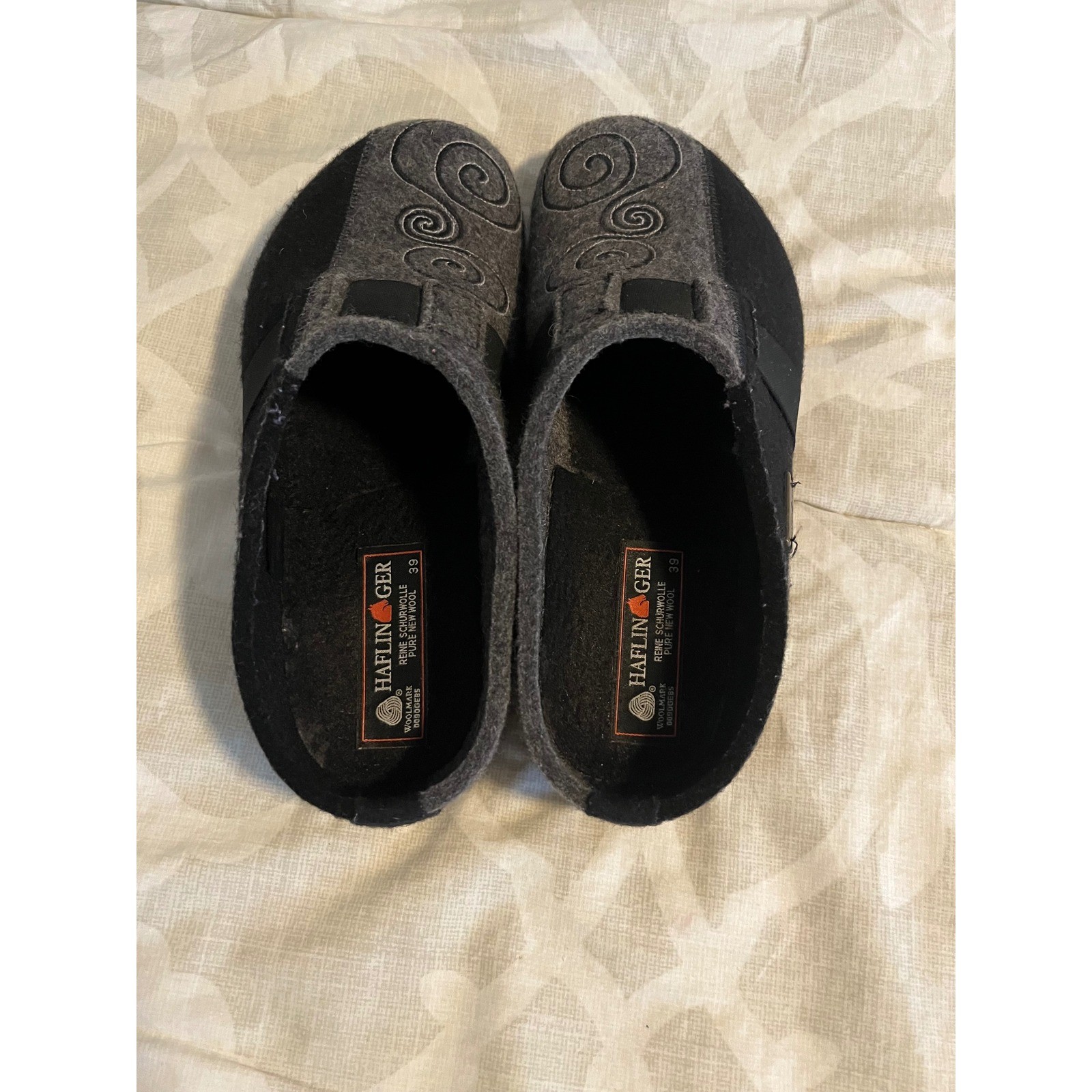 Haflinger Magic Wool Clogs Charcoal Black Swirl Embroidered Slippers Size 39/8