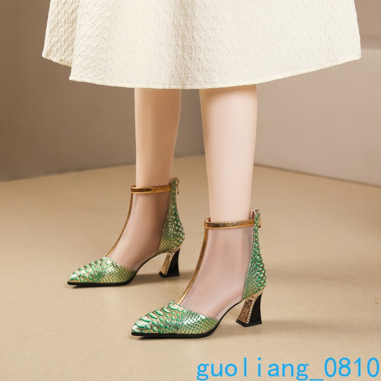 Snakeskin Women’s Mesh Leather Ankle Boots Pointed Toe Shoes Zip Block Heel Sexy