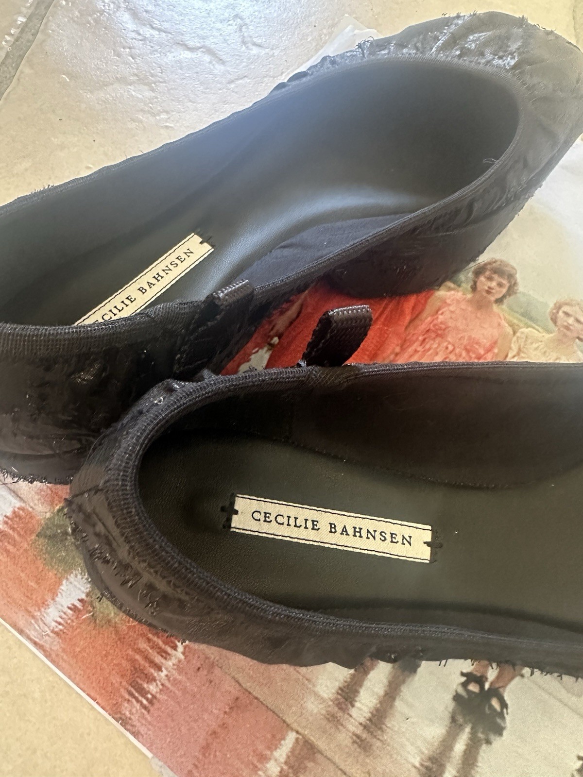 Cecilie Bahnsen Black Ballet Flats Square Toe Slip-On Floral Textured Cotton 9US