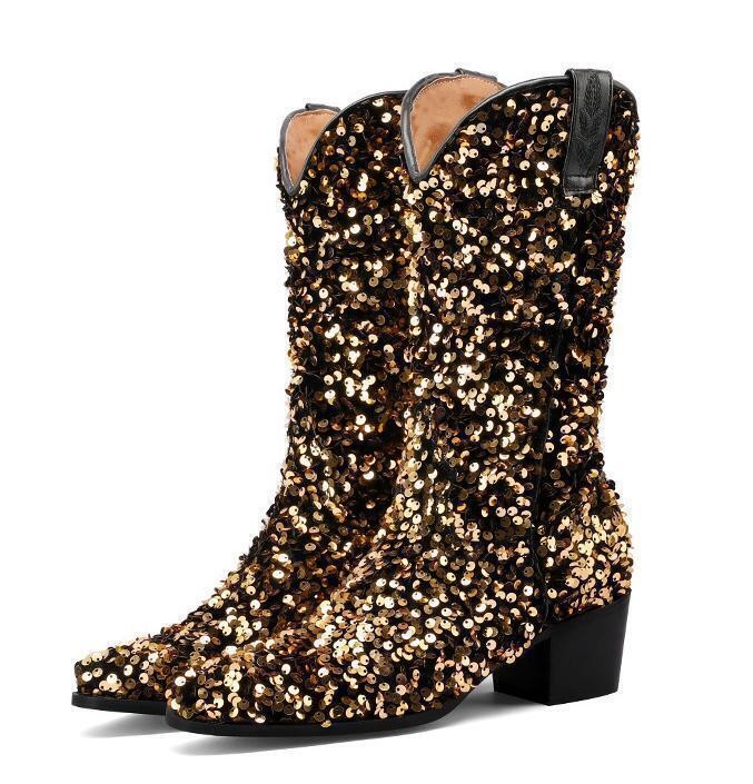Fashion Women’s Gitter Sequins Pull On Mid Calf Boots Party Formal Casual Shoes