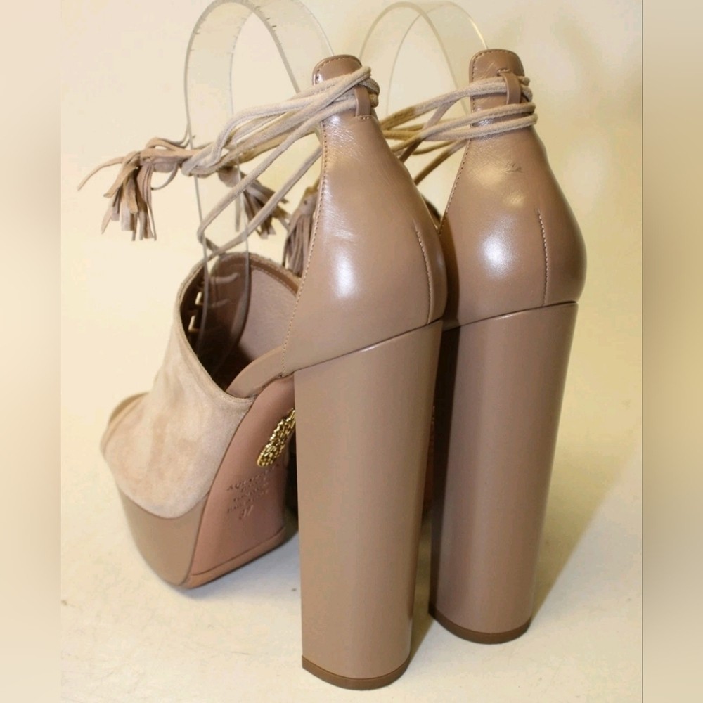 Aquazzura Tan Lace-Up Platform Heels Italy Made Jac Plateau 140 7 Suede