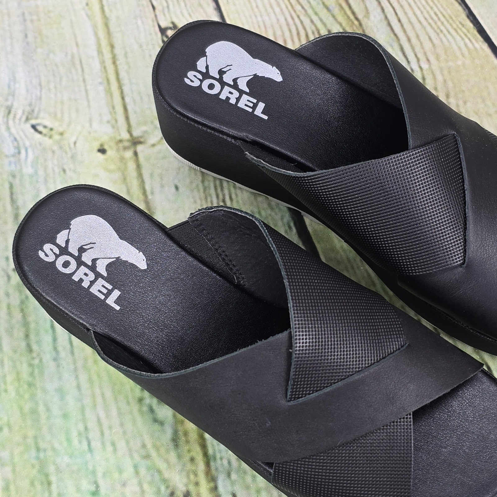 Sorel Cameron Flatform Mule Womens 7.5 Black Leather Wedge Sandal NL4632-010