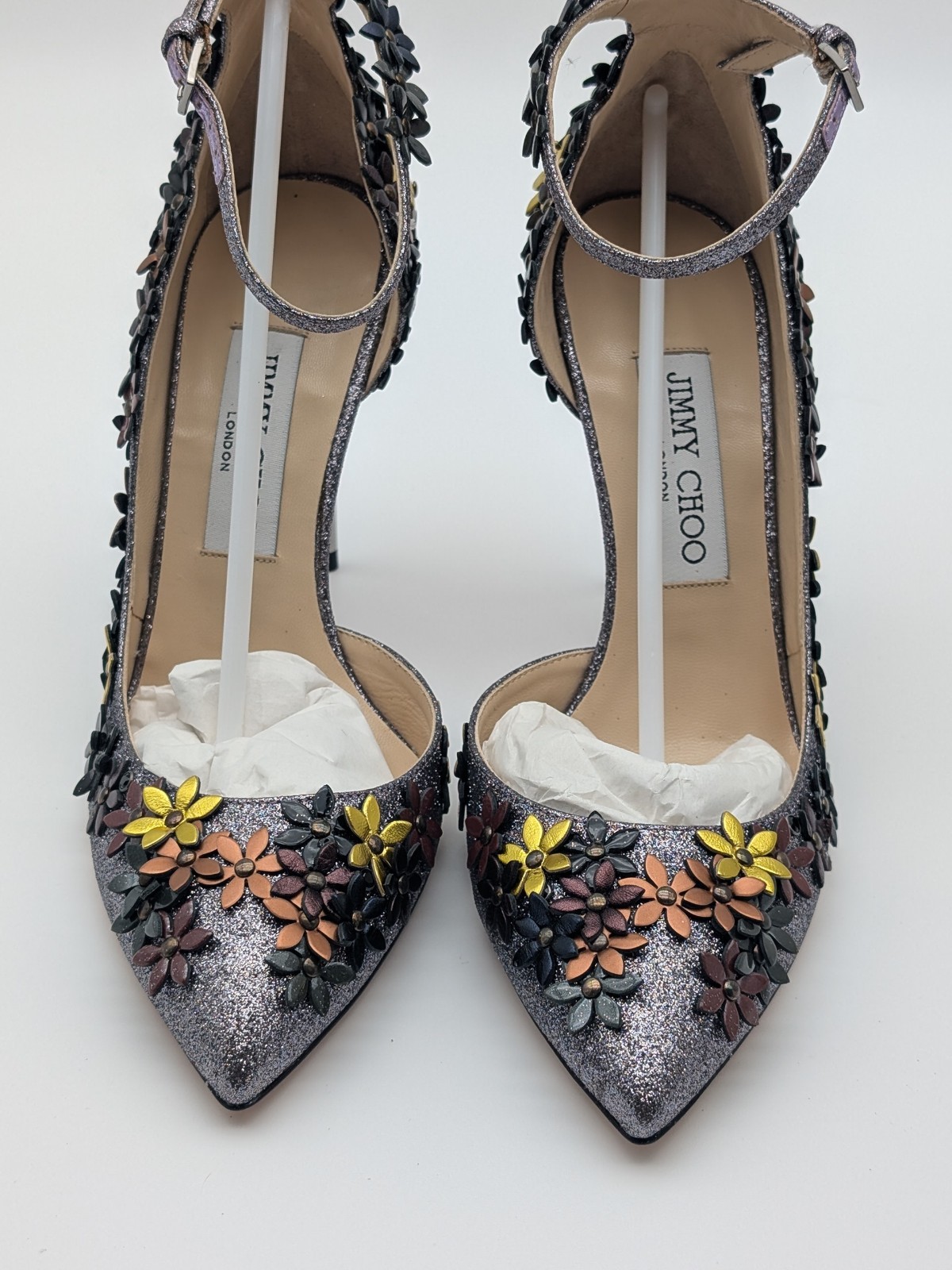 Wms Jimmy Choo Lorelai 100 FGW 155 Fine Glitter Leather Heels US 7.5 / EU 37.5