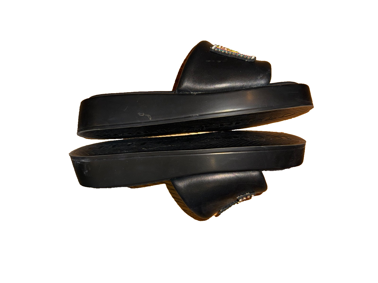 KARL LAGERFELD PARIS Opal Leather Puff Band Beaded Logo Platform slide Sz 7.5