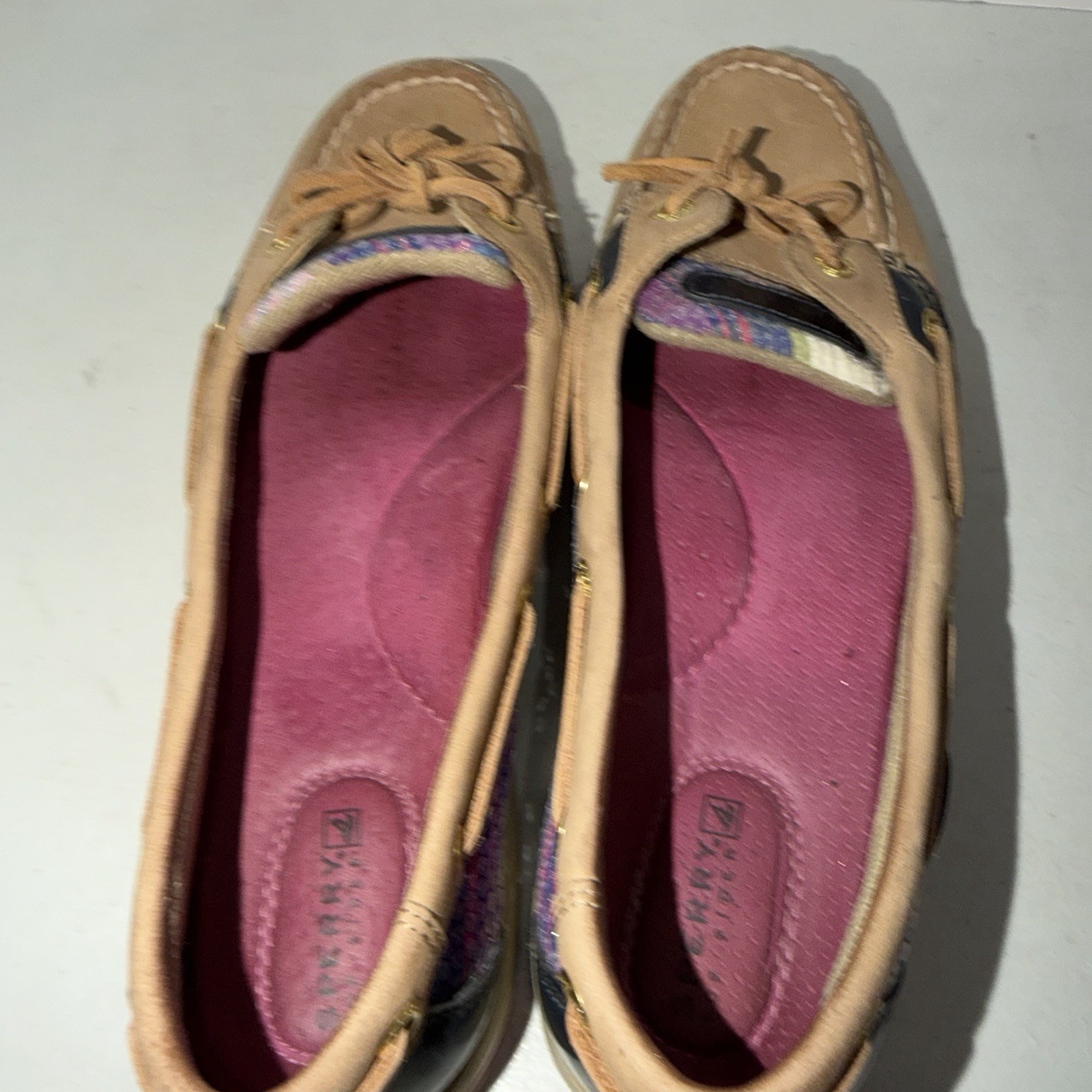 SPERRY Top Sider Anglefish Beige Leather Multicolor Plaid Boat Shoes Size 8.5