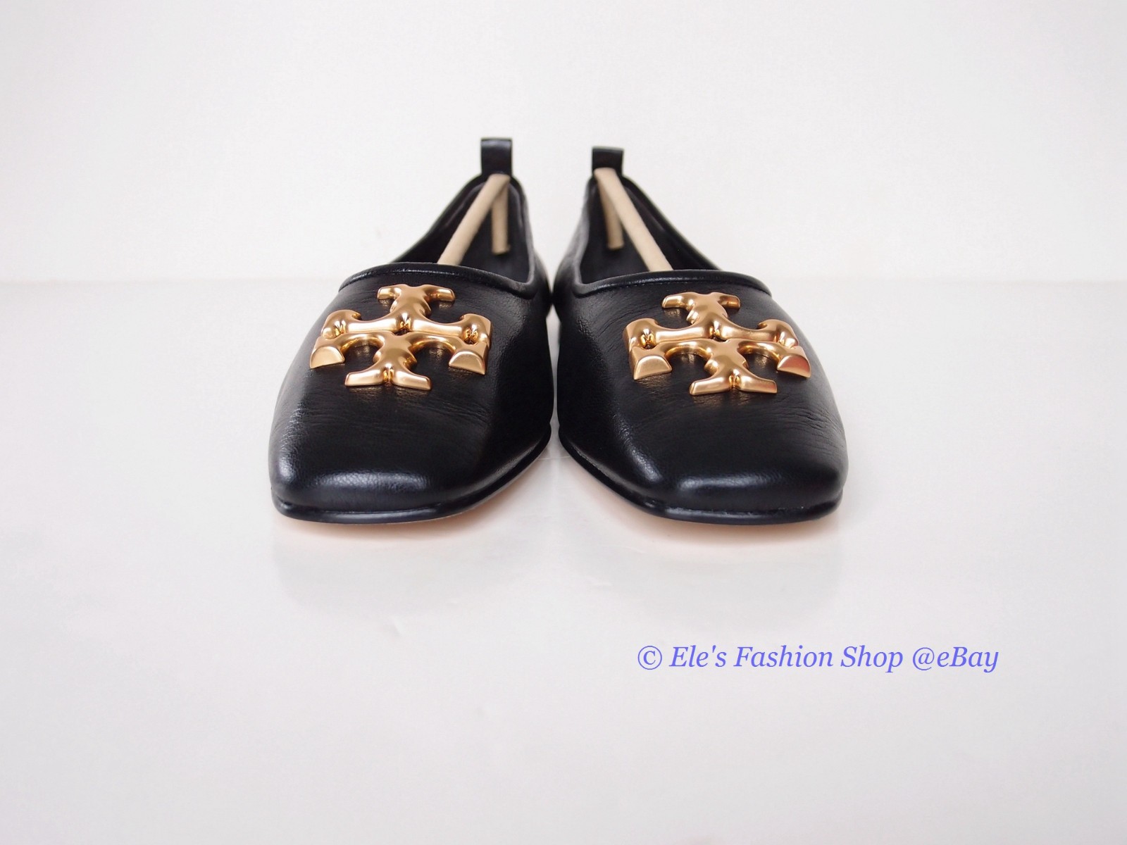 NIB Tory Burch Eleanor Ballet Leather Flat BLACK Gold US 8 8.5 9 AUTHENTIC