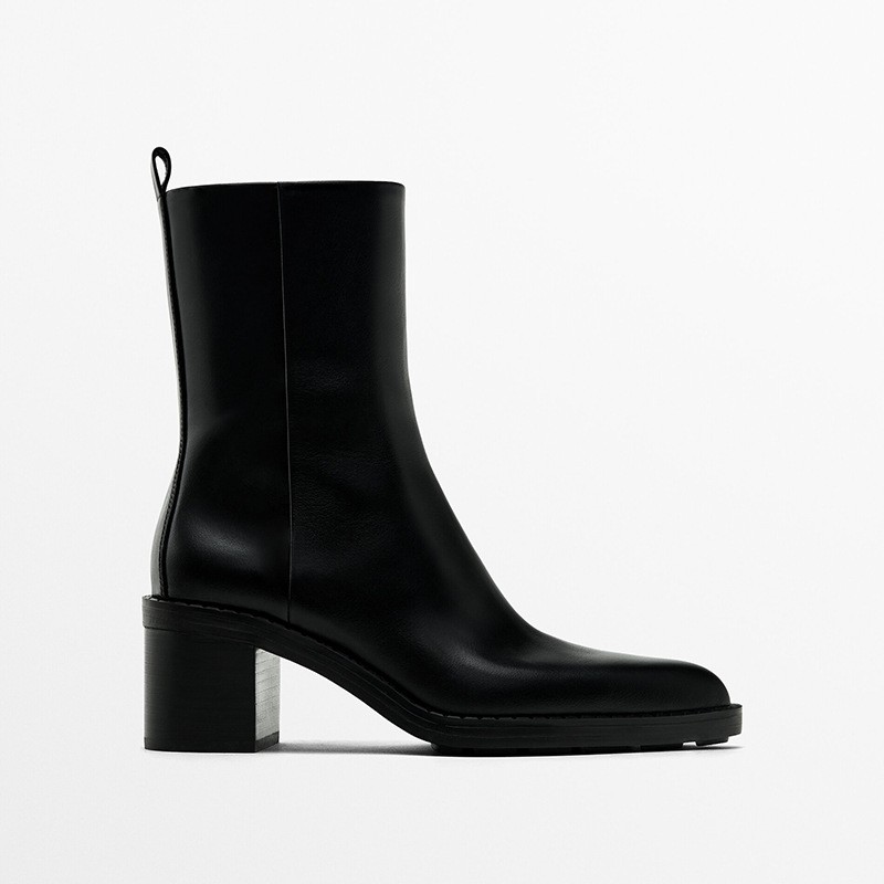 Massimo Dutti Women’s Leather Ankle Boots Pointed Toe Chunky Heel Side Zip