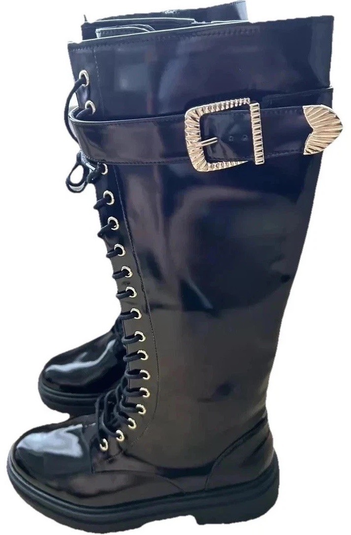 New Tall Black Boots Lug Sole 6.5 Faux Patent Leather $179 Whimsigoth Streetwear