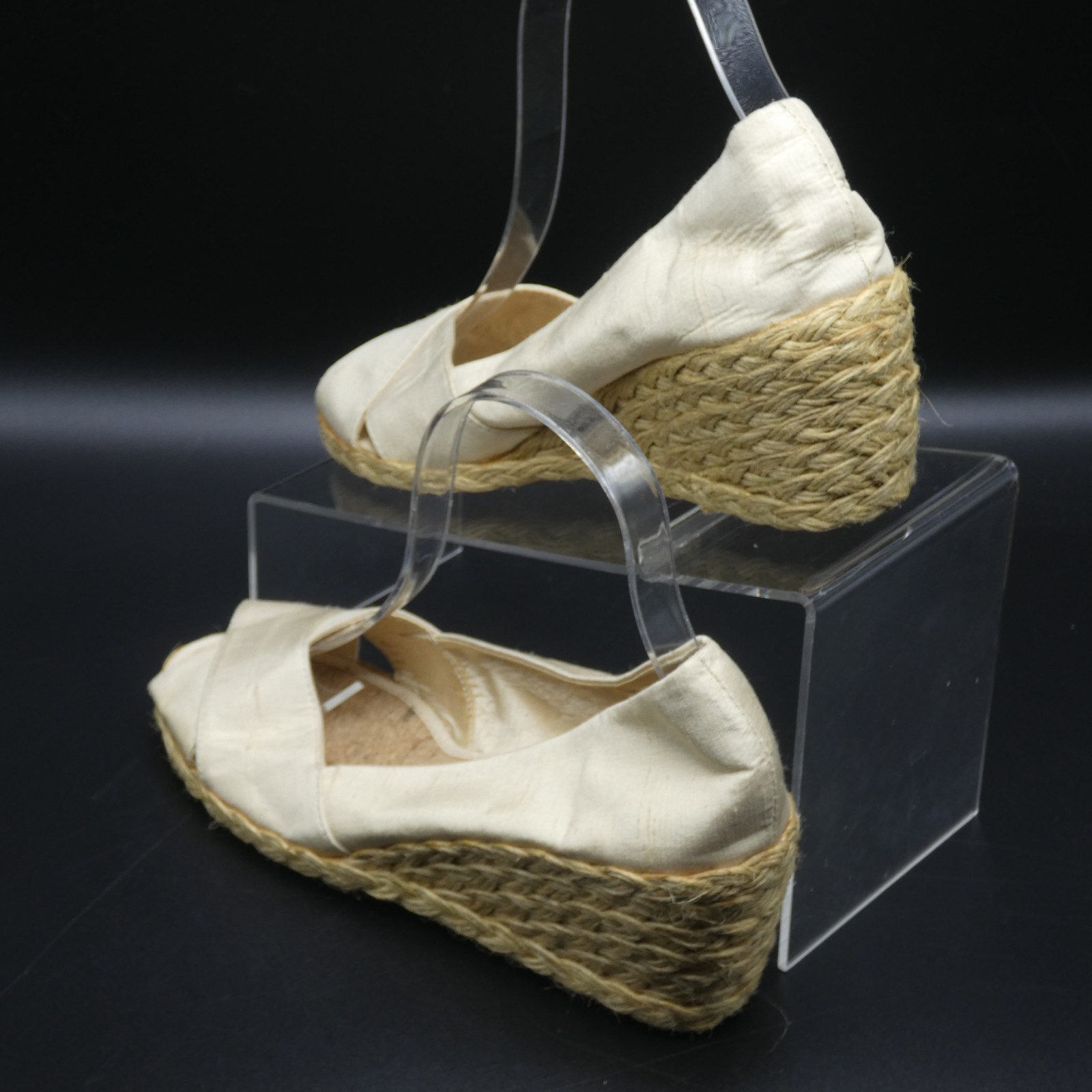 Lauren Ralph Lauren Cecilia Tan Beige Shantung Peep Toe Espadrille Wedge Size 7