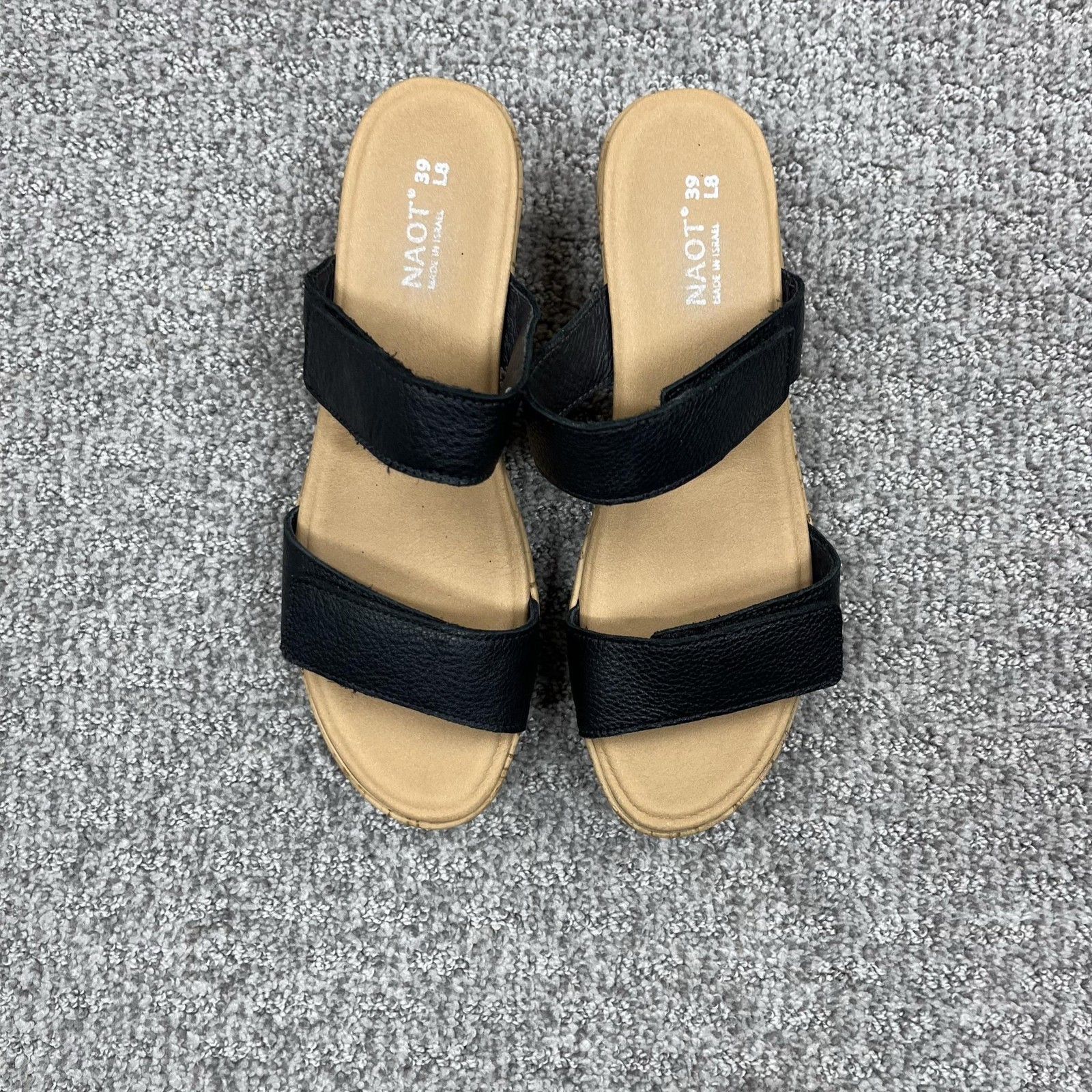 Naot Wedge Sandals Womens 8 Black Leather Cork Adjustable Straps Comfort