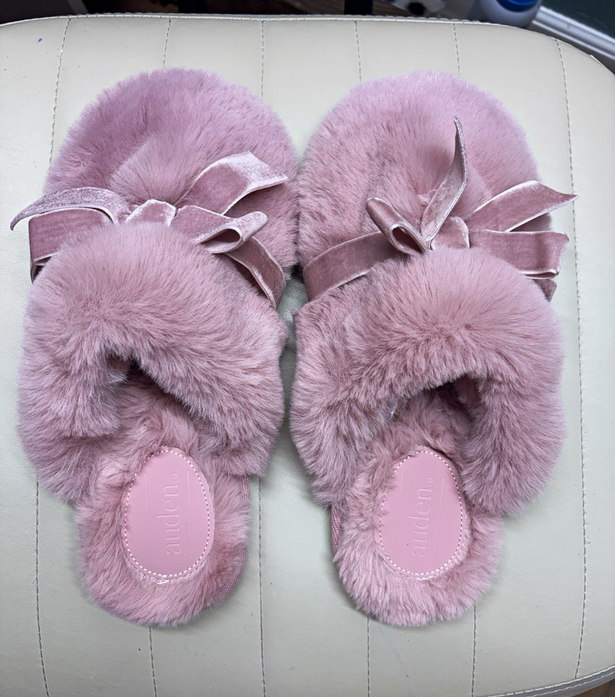 Auden Women’s Pink Faux Fur Slip-On Slippers Open Toe Bow, Size 7/8