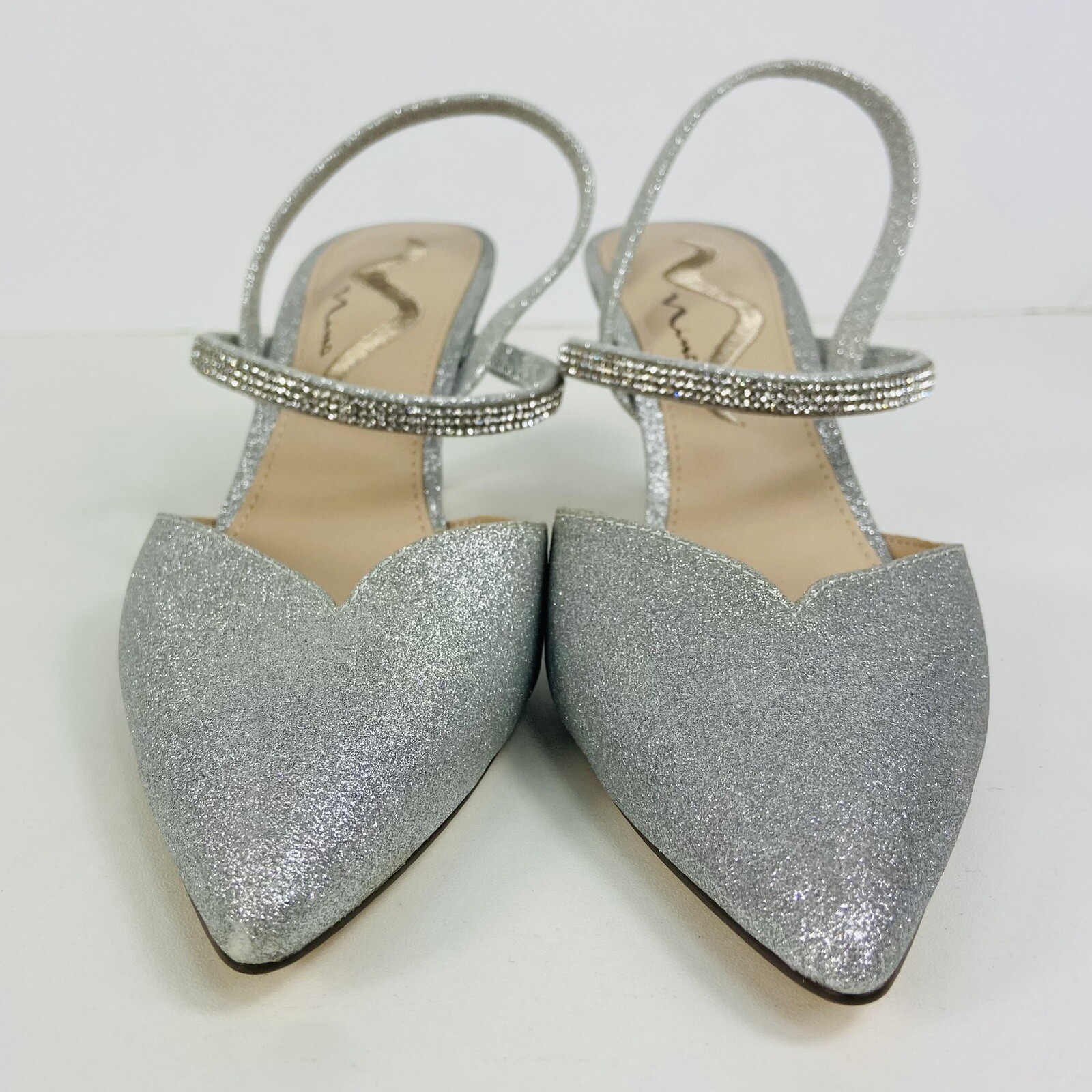 Nina Rhinestone Elastic Slingback Pumps Sz 8 / 38 Sparkly Silver Bridal
