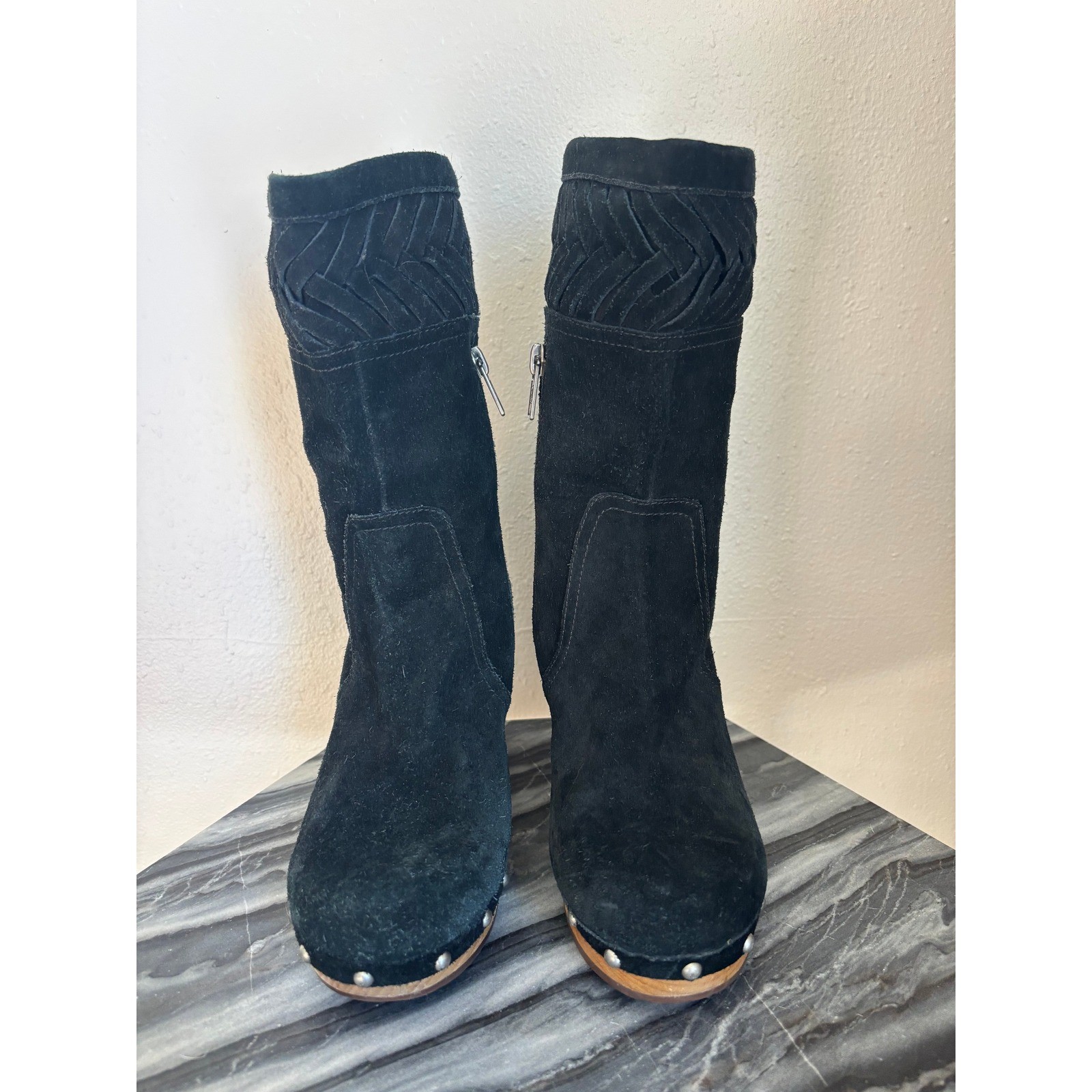 UGG Australia Black Suede Woven Clog Boots Wooden Block Heel Studded 7 Annaliza
