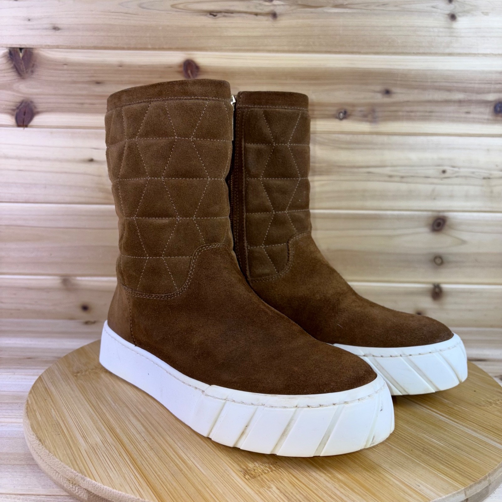 Aquatalia Boots Womens 5M Nelle Brown Suede White Platform Lug Sole Booties