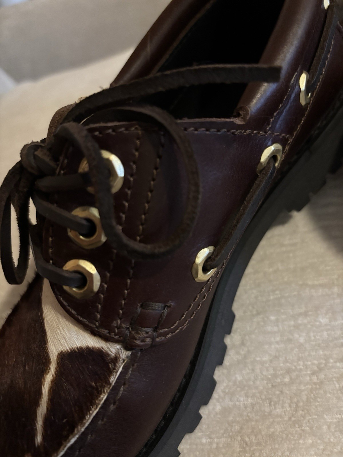 Anthropologie Maeve Lug Sole Boat Shoes Chocolate Brown Leather Cow Hair SZ 7.5