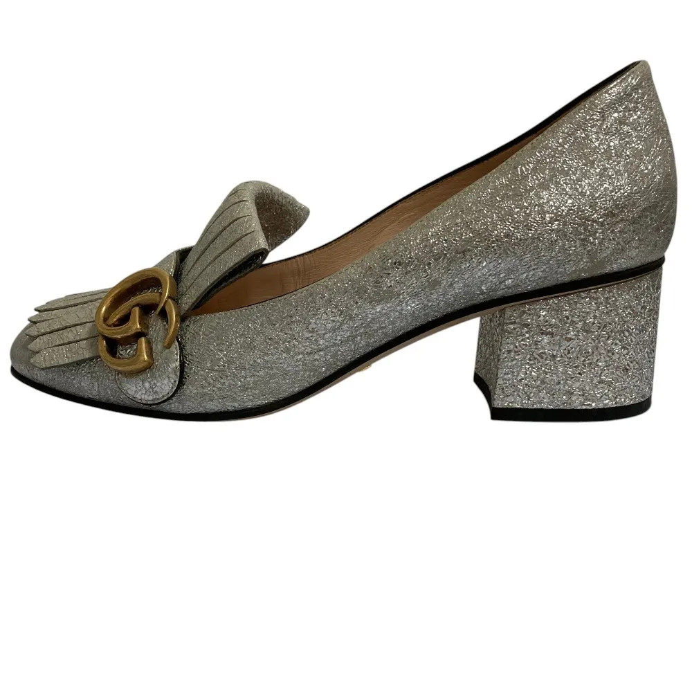 GUCCI GG Marmont Fringe Glitter Pumps Shoes Size 37 US 7 Silver Leather Used