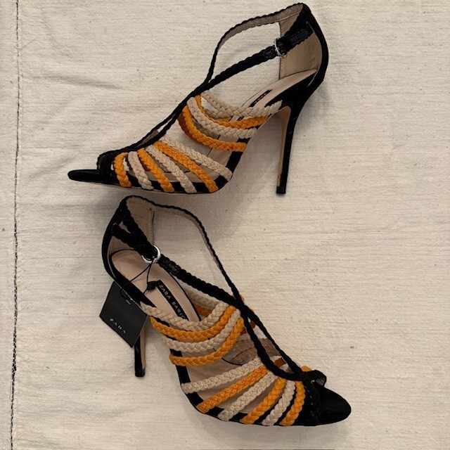 NEW TAG Zara Orange Black Beige Braided Heeled Sandals Size 9 1/2 EU 40 6802/301