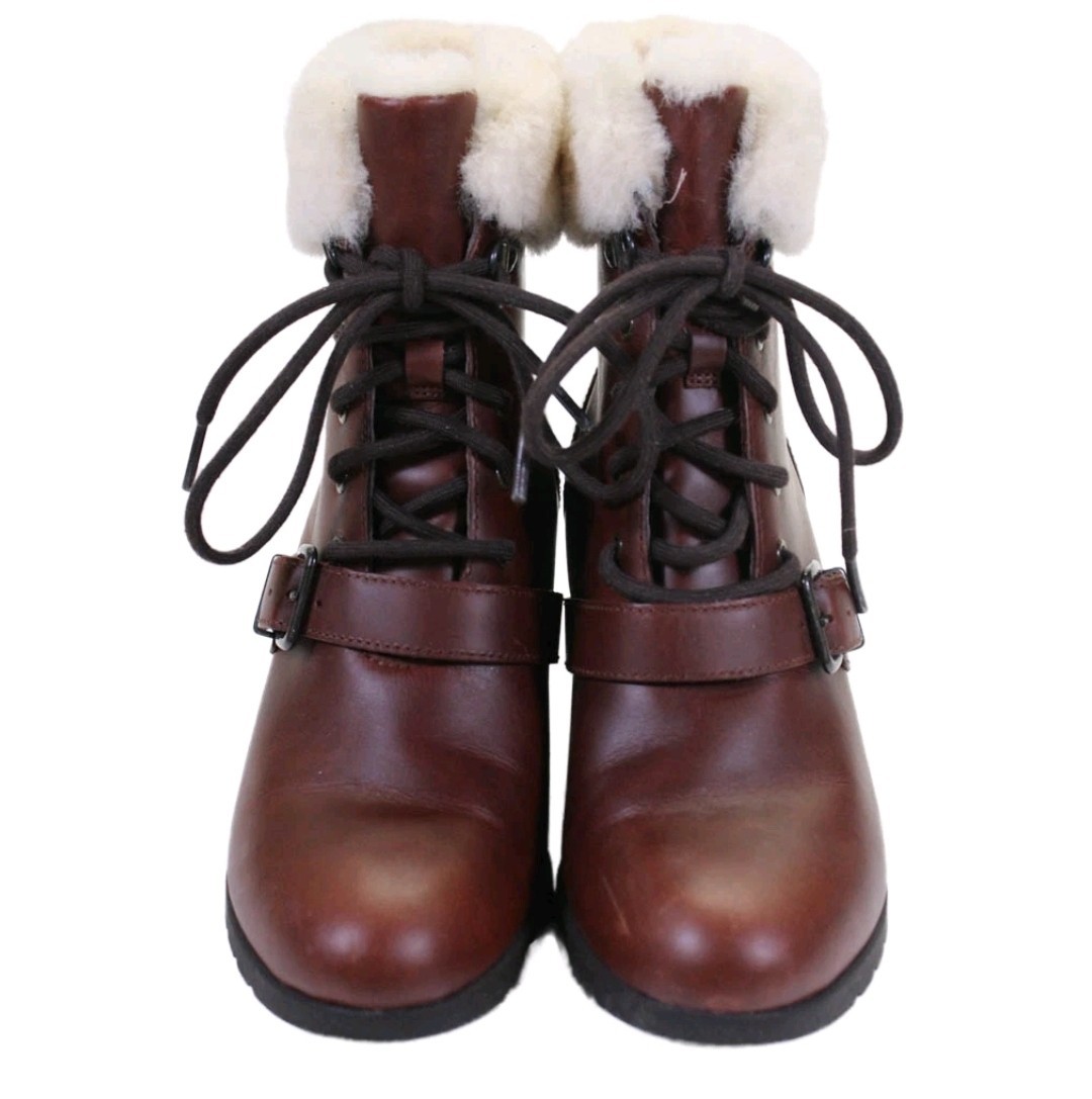UGG Janney Brown Boots Womens 8.5 Leather & Sheepskin Lace Up Wedge Ankle Bootie
