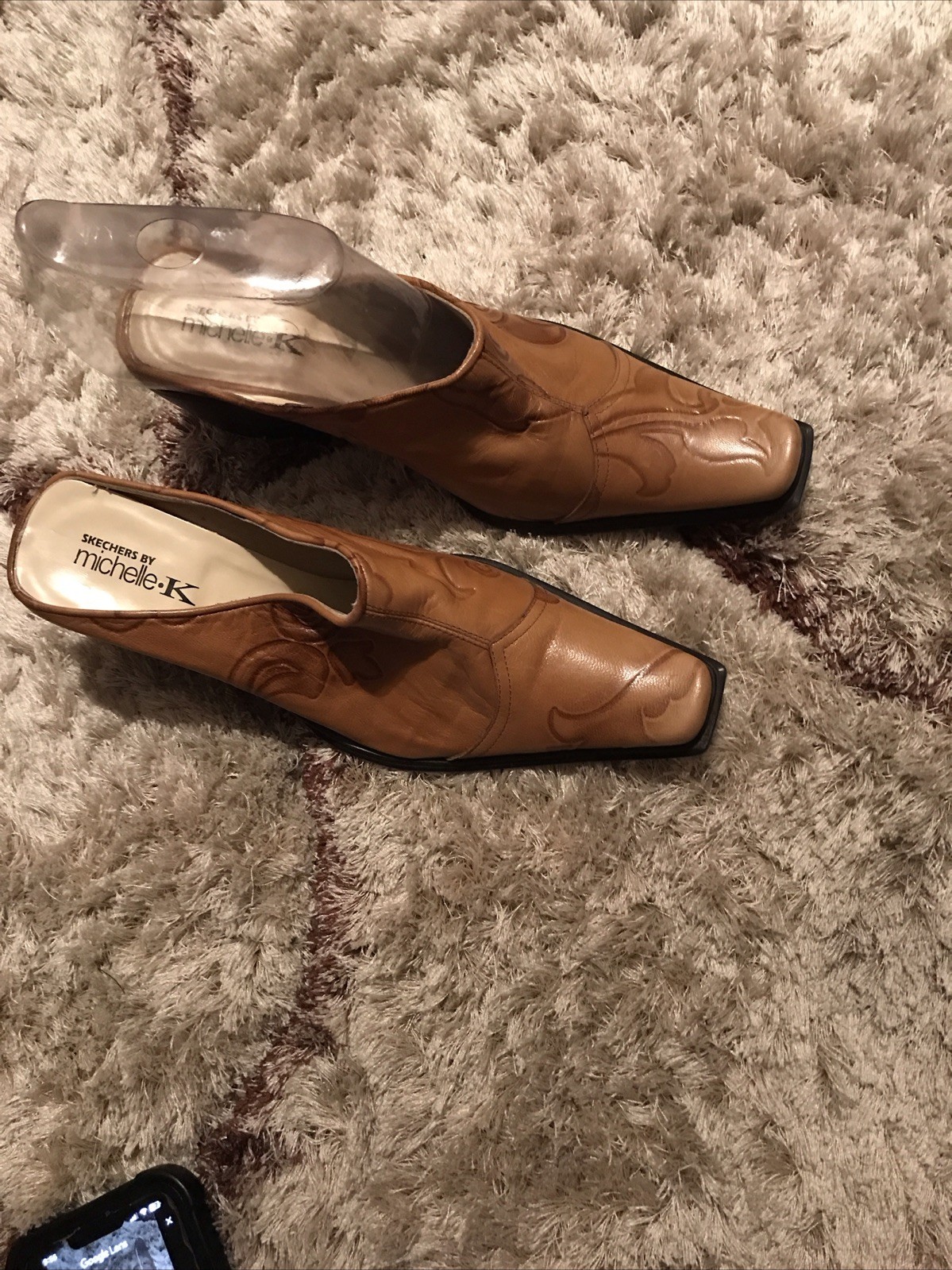 Michelle K Stamped Leather Healed Mules Square Toe Brown Size 9