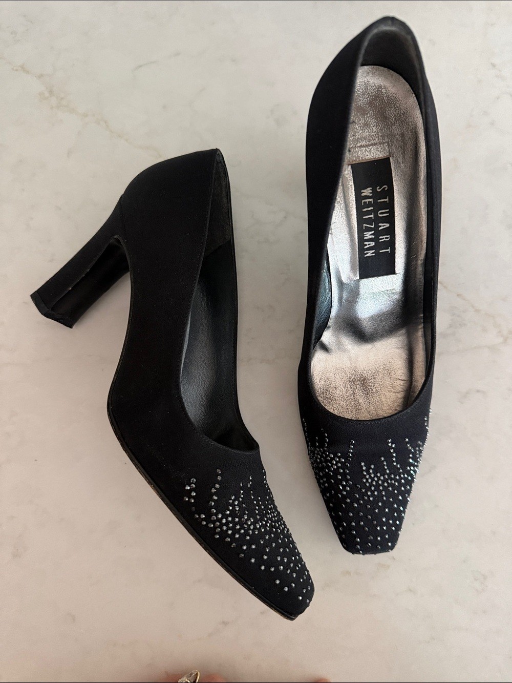 Stuart Weitzman Black Crystal-Studded Pointed Pumps