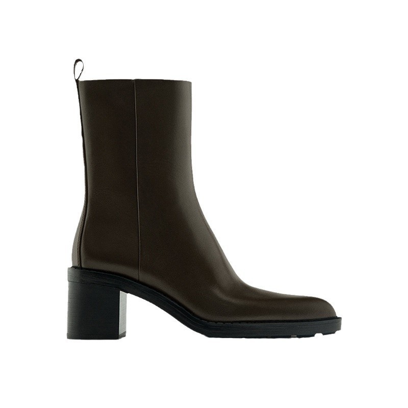 Massimo Dutti Women’s Leather Ankle Boots Pointed Toe Chunky Heel Side Zip