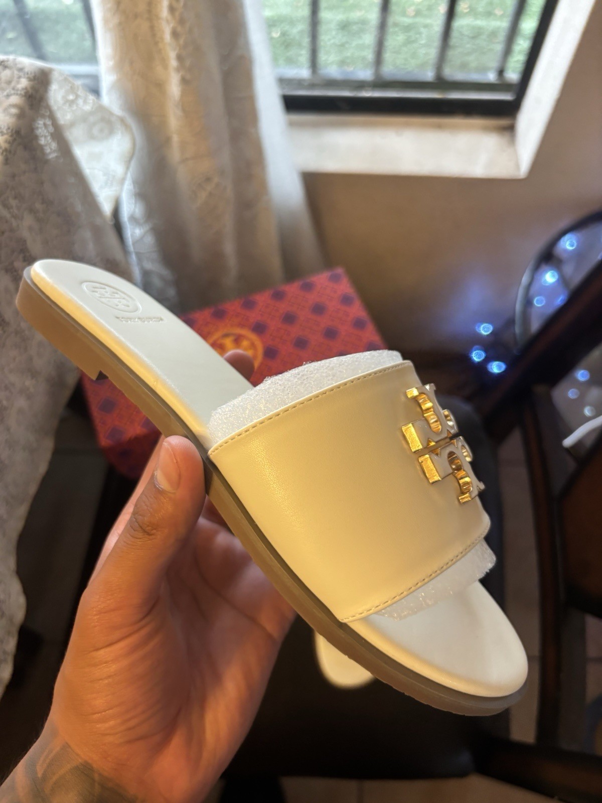 Tory Burch Eleanor Slide Women’s Size 8 Light Cream/Gold Nappa Leather Sandals