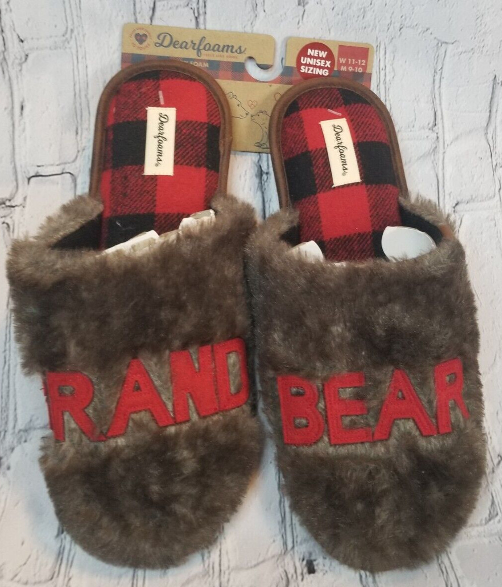Dearfoams Grand Bear Slippers Unisex Faux Fur Red Blk Buffalo Check W11-12 M9-10
