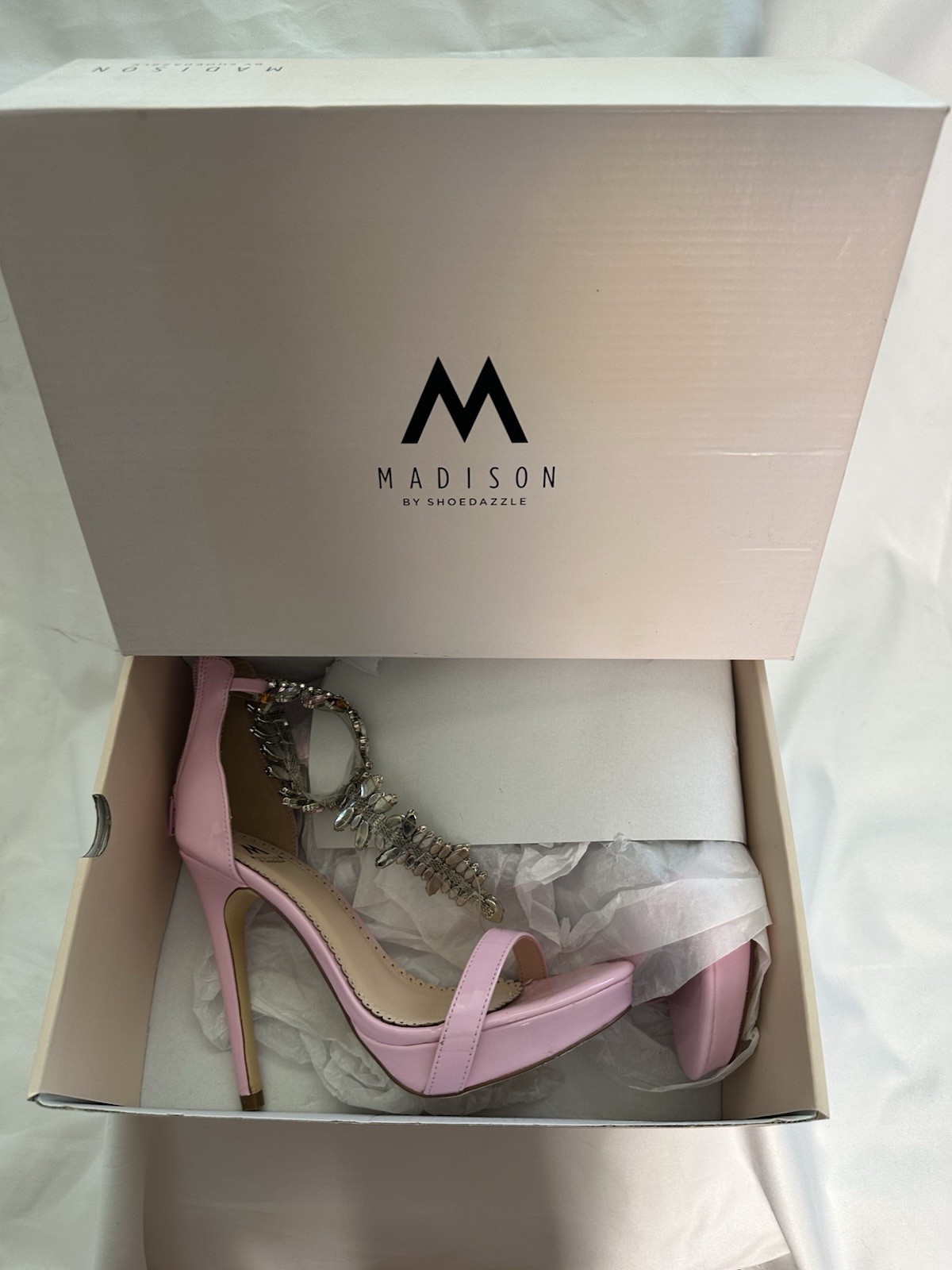 Madison by Shoedazzle Pink Patent Rhinestone Strappy Stiletto Sandals Zip 6.5