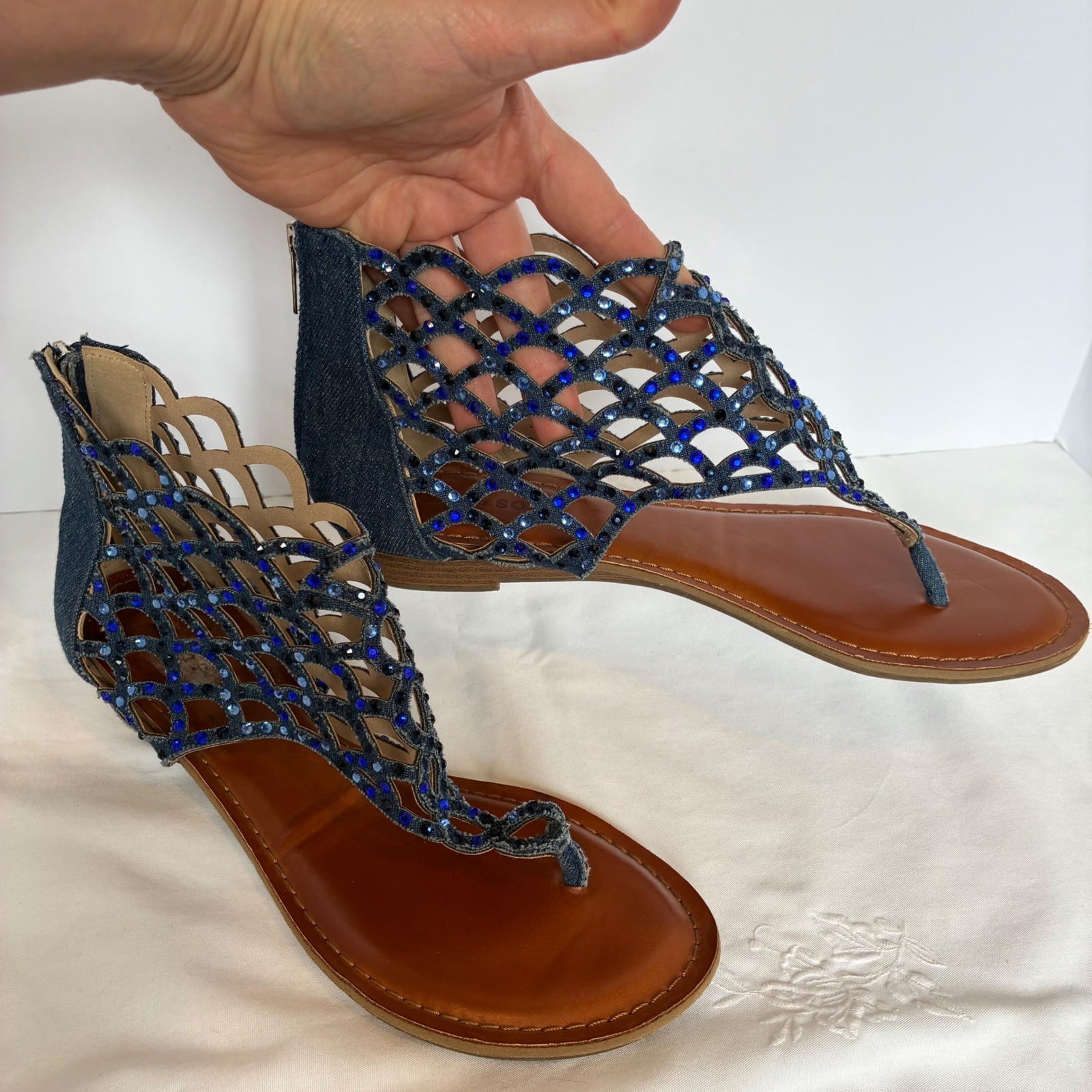 Zigi Soho Blue Denim Rhinestone Sandal Caged Gladiator Thong Boho Festival Y2K