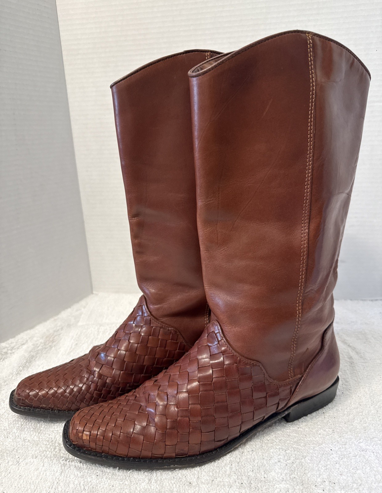 Unisa Flex Womens Cognac Leather Weave Vamp Tall Boots Size 8B Brazil