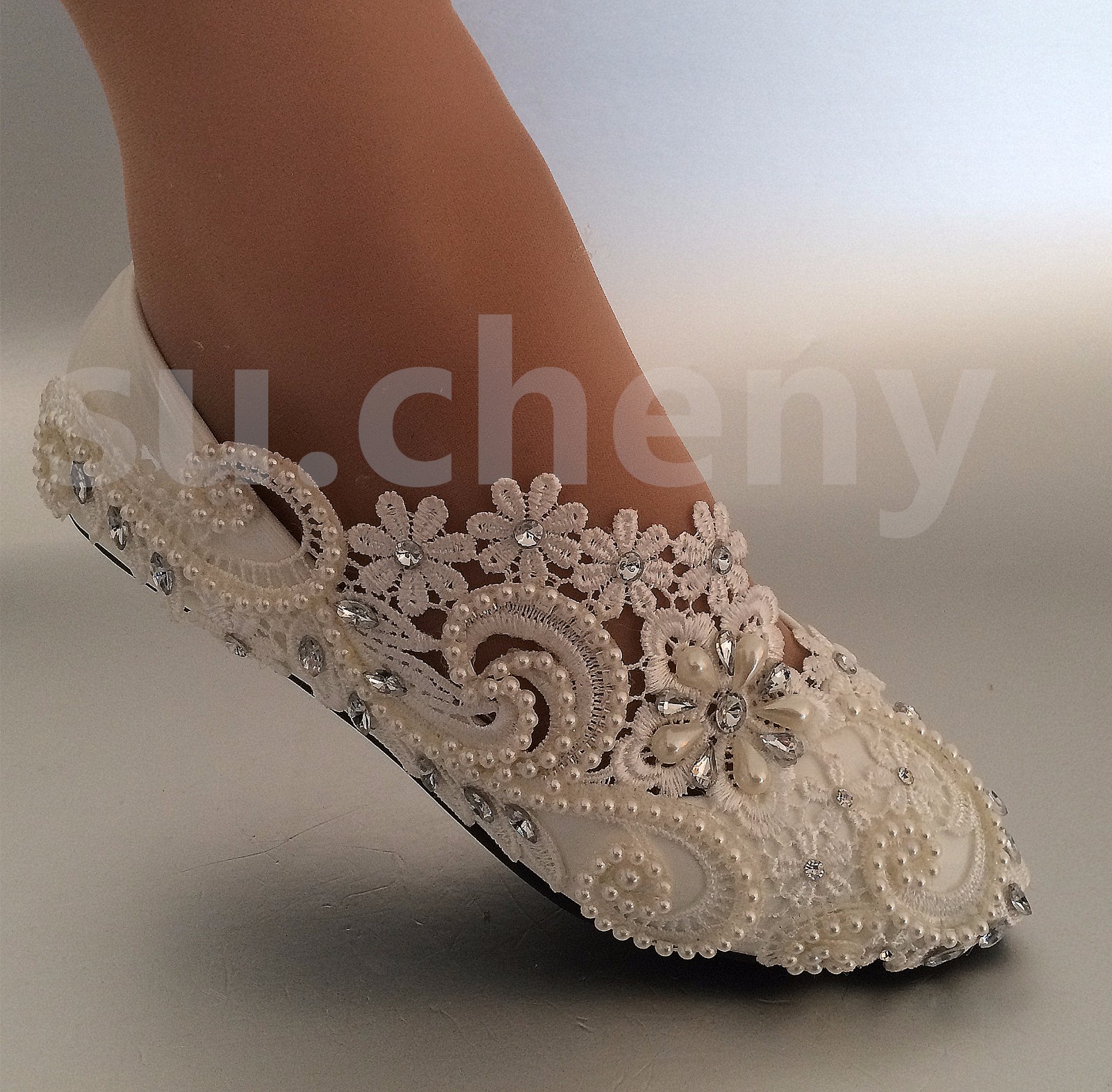 su.cheny White ivory pearls rhinestones lace flat Wedding shoes Bridal size 5-13