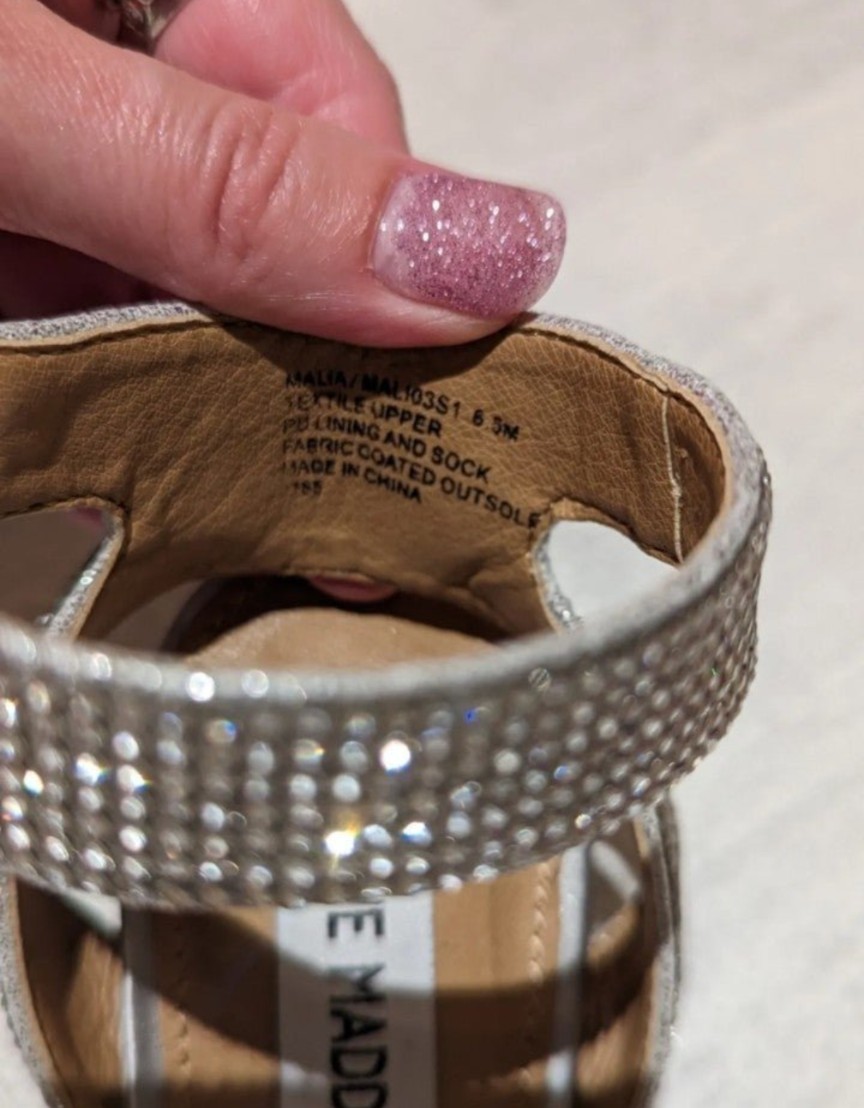 Steve Madden Silver Rhinestone Ankle Strap Leather Open Toe Buckle Sandals 6.5M