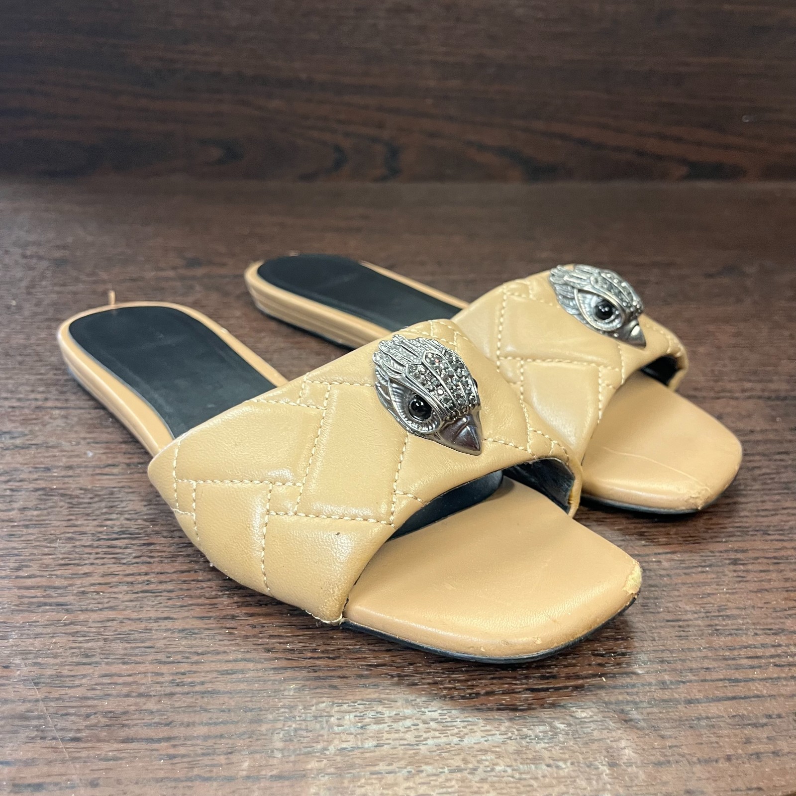Kurt Geiger Women’s Quilted Slides Size 7.5 Beige Open Toe London Eagle Head