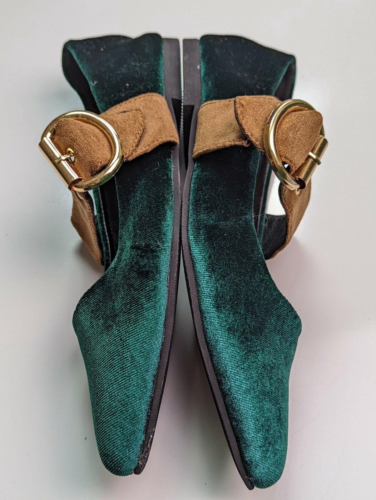 MEIJIAMINGNV Emerald Green Fabric Mary Jane Flats Brown Strap Size 230 US 6