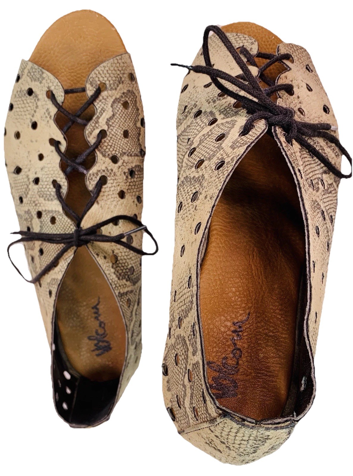 Volcom Open Toe Shoes Animal Print Flats Lace Up Eyelets Women’s 7 Unique Rocker