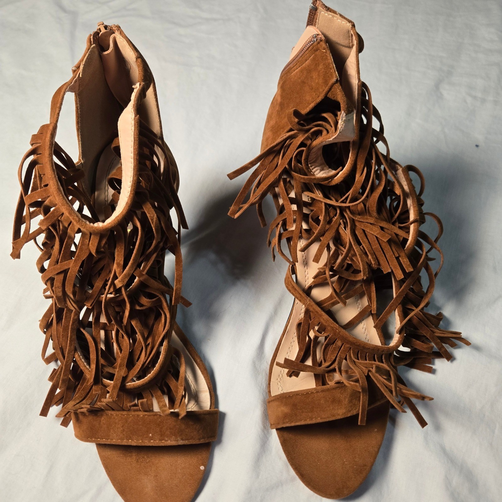 Chase & Chloe Brown Fringe Stiletto Sandals Open Toe Back Zip Heels Size 10