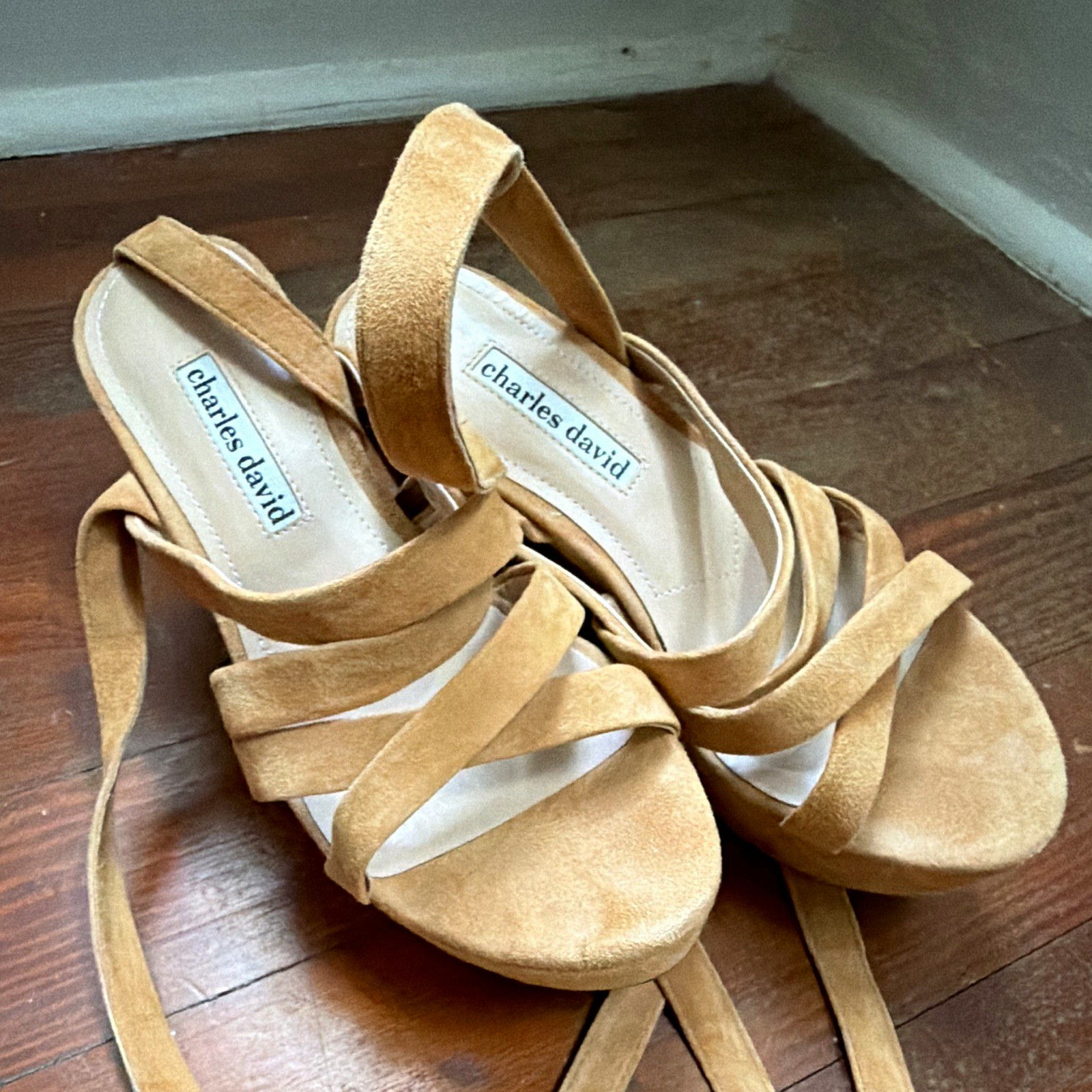 Charles David Tan Suede Platform Wedge Open Toe Ankle Wrap Tie Heels 6