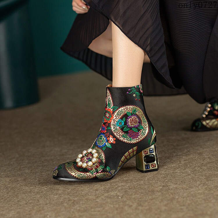 Women’s Ankle Boots Rhinestone Mid Chunky Heel Side Zip Embroidered Shoes Hot