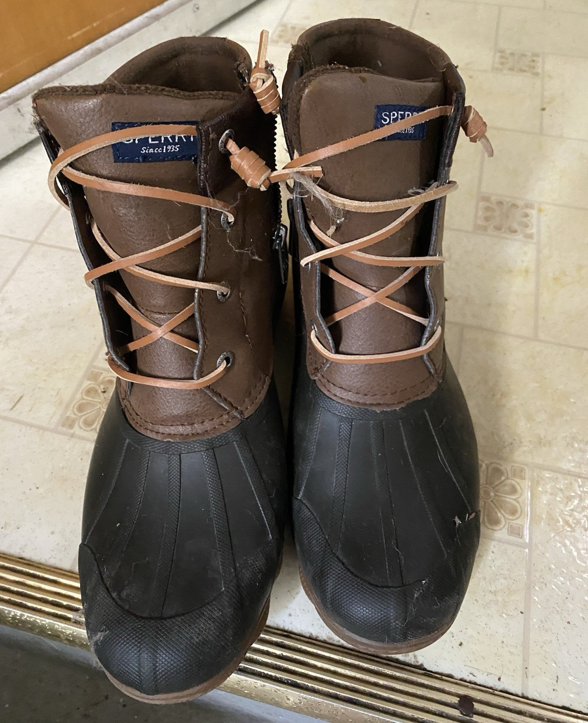 Sperry Womens Waterproof Duck Boots Brown/Black Leather Lace-Up Ankle US 9.5