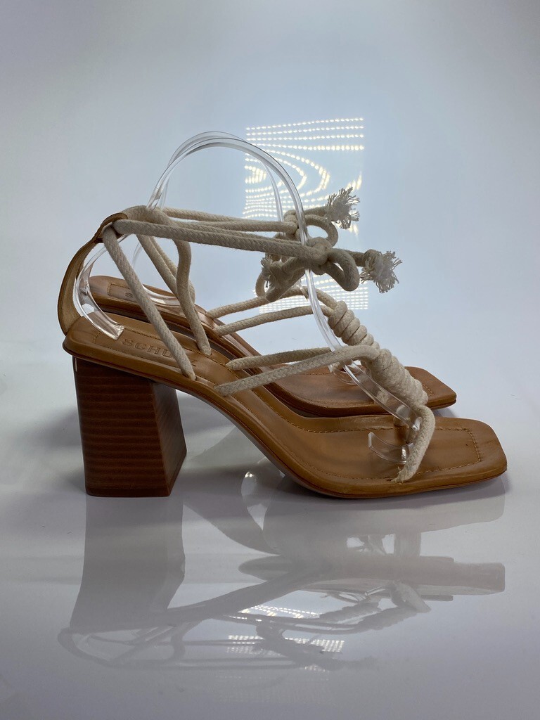 Schutz Women’s Angieh Cream Leather Lace-Up Stacked Heel Sandals Sz 10