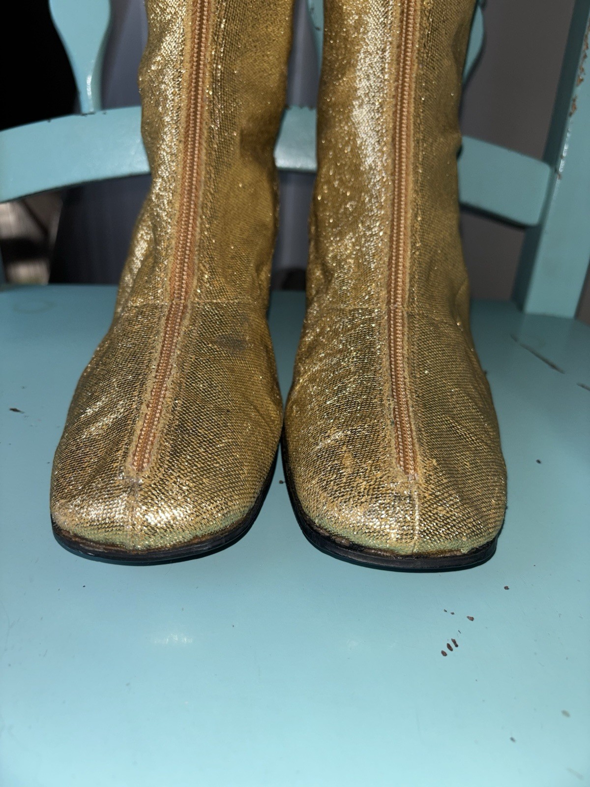 Rare Vintage Women Gold Metallic Lame Knee-High Go Go Boots